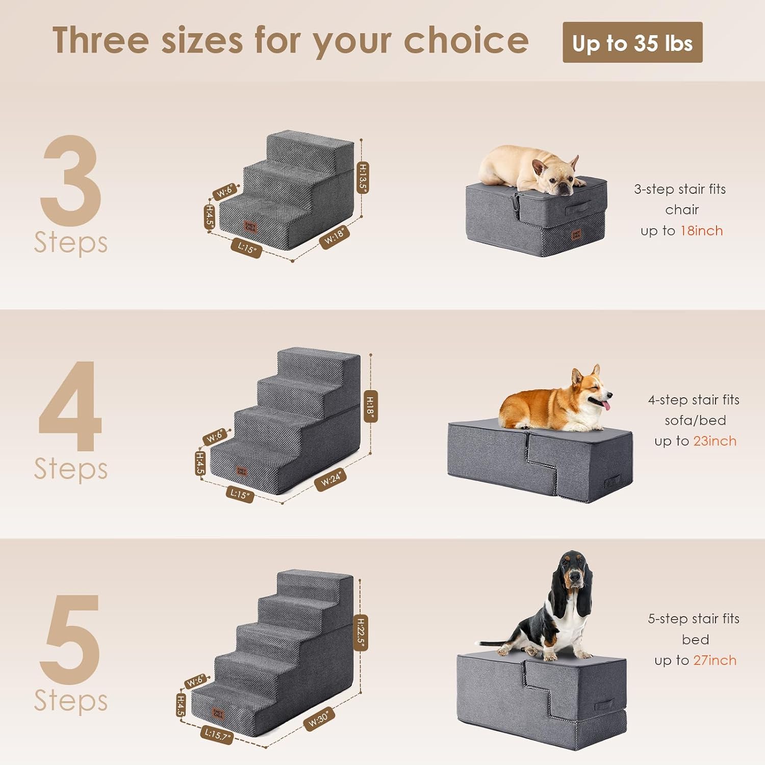 EHEYCIGA Dog Stairs for Bed 18 H. 4-Step Dog Steps for High Bed. Grey | Pet Steps for Small Dogs and Cats. Non-Slip Balanced Pet Ramp Indoor