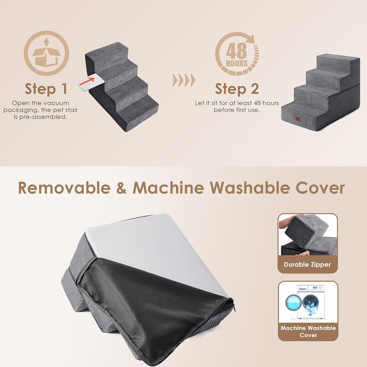 EHEYCIGA Dog Stairs for Bed 18 H. 4-Step Dog Steps for High Bed. Grey | Pet Steps for Small Dogs and Cats. Non-Slip Balanced Pet Ramp Indoor