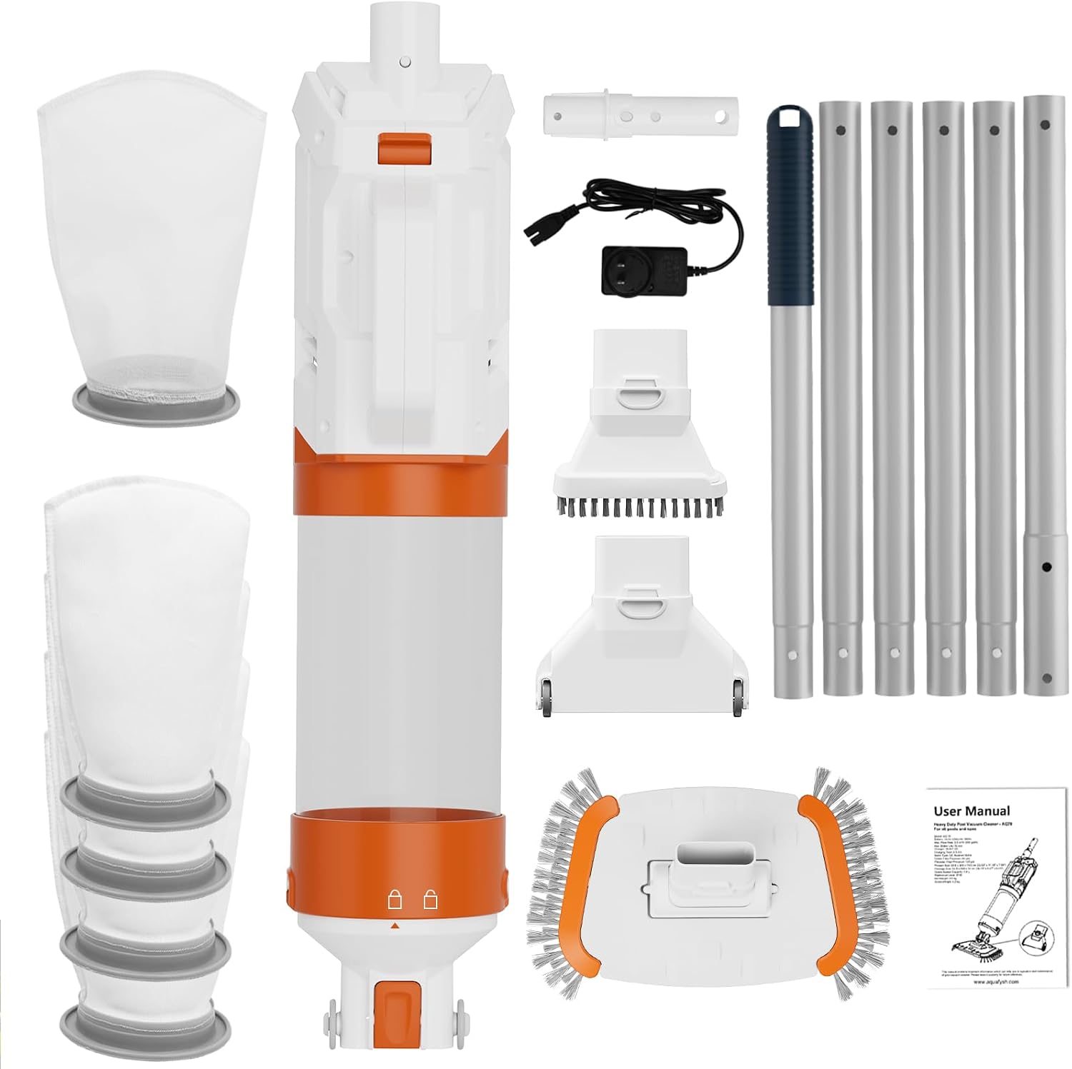 AQUAFYSH Cordless Pool Vacuum-True Powerful Suction 18.9GPM. 100inch. 1H Runtime. 25µm Fluff Ultra Fine Filter.Handheld Rechargeable Hot Tub Cleaner with Poles for Above Ground&Inground Pool