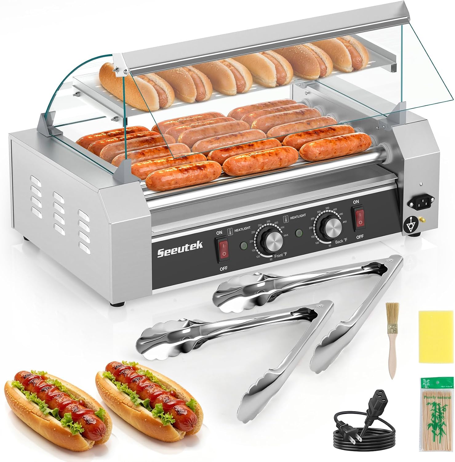 Seeutek Hot Dog Roller 7 Rollers 24 Hot Dogs Capacity 1100W | Stainless Sausage Grill Cooker Machine.Dual Temp Control.Glass Hood Acrylic Cover.Bun Warmer Shelf.Removable Oil Drip Tray