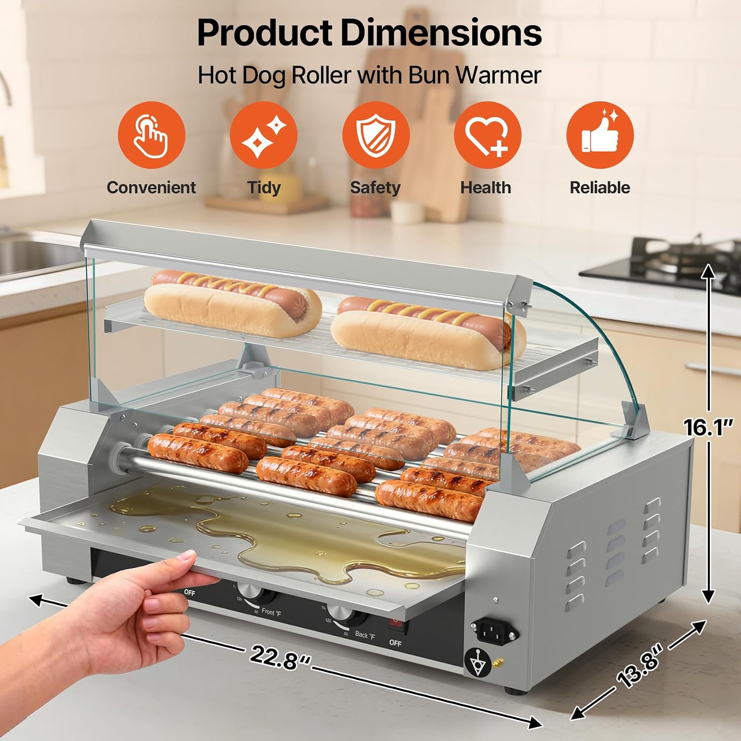 Seeutek Hot Dog Roller 7 Rollers 24 Hot Dogs Capacity 1100W | Stainless Sausage Grill Cooker Machine.Dual Temp Control.Glass Hood Acrylic Cover.Bun Warmer Shelf.Removable Oil Drip Tray
