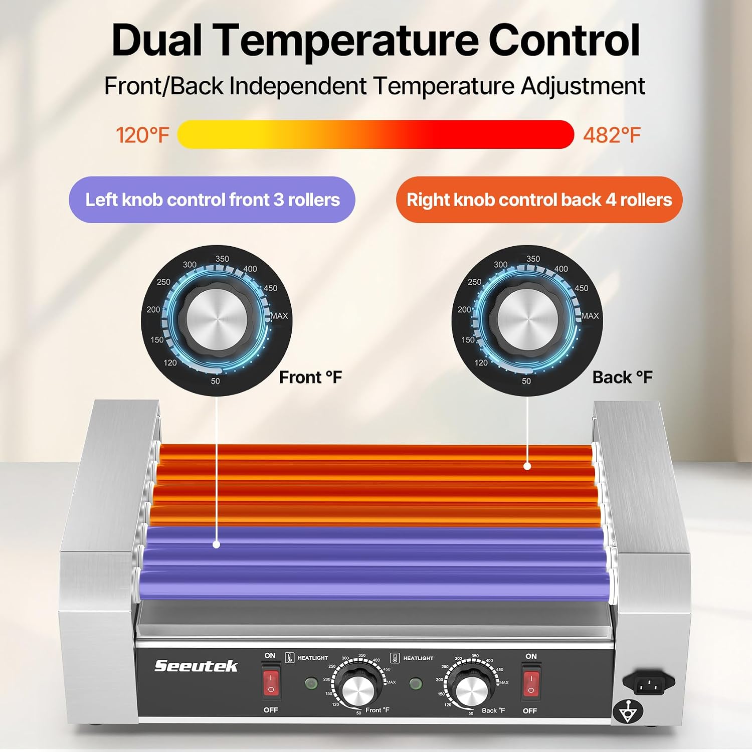Seeutek Hot Dog Roller 7 Rollers 24 Hot Dogs Capacity 1100W | Stainless Sausage Grill Cooker Machine.Dual Temp Control.Glass Hood Acrylic Cover.Bun Warmer Shelf.Removable Oil Drip Tray