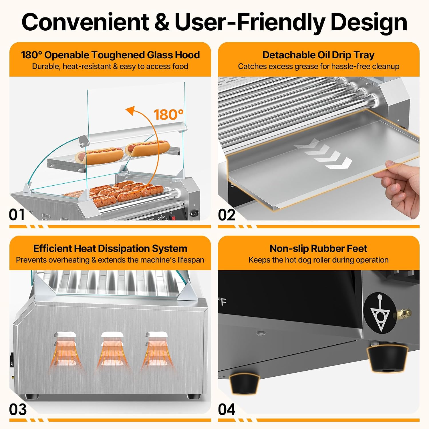Seeutek Hot Dog Roller 7 Rollers 24 Hot Dogs Capacity 1100W | Stainless Sausage Grill Cooker Machine.Dual Temp Control.Glass Hood Acrylic Cover.Bun Warmer Shelf.Removable Oil Drip Tray