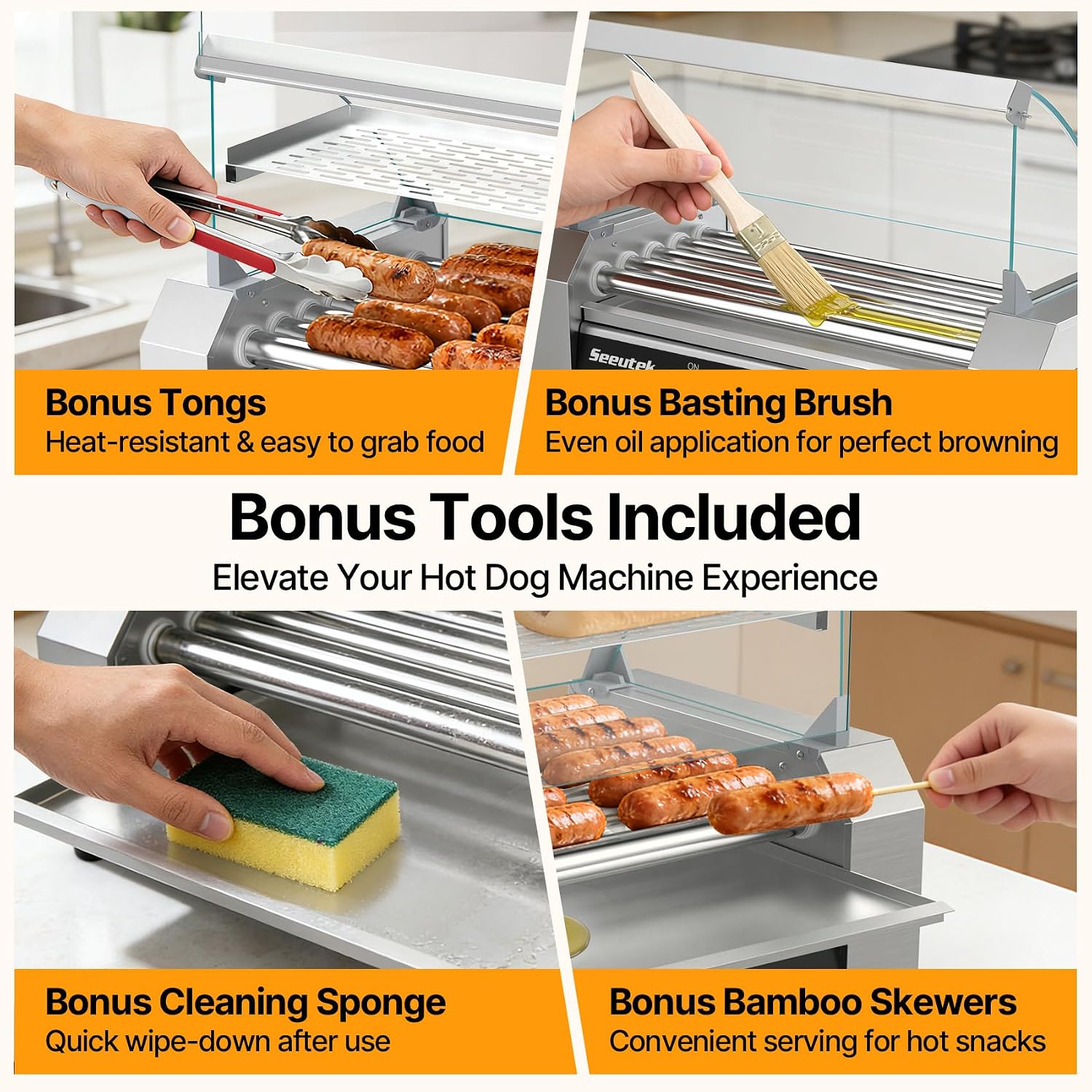 Seeutek Hot Dog Roller 7 Rollers 24 Hot Dogs Capacity 1100W | Stainless Sausage Grill Cooker Machine.Dual Temp Control.Glass Hood Acrylic Cover.Bun Warmer Shelf.Removable Oil Drip Tray