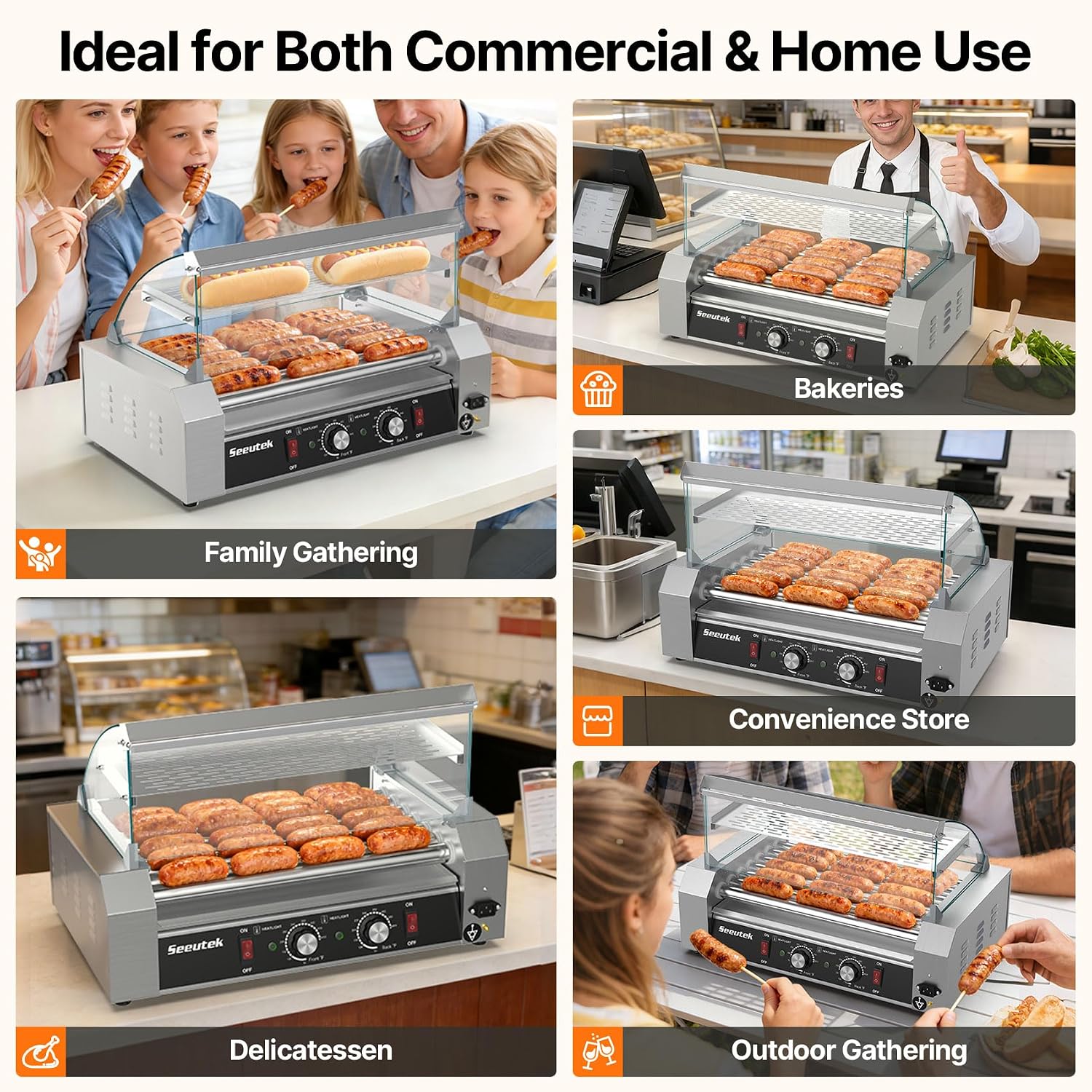 Seeutek Hot Dog Roller 7 Rollers 24 Hot Dogs Capacity 1100W | Stainless Sausage Grill Cooker Machine.Dual Temp Control.Glass Hood Acrylic Cover.Bun Warmer Shelf.Removable Oil Drip Tray