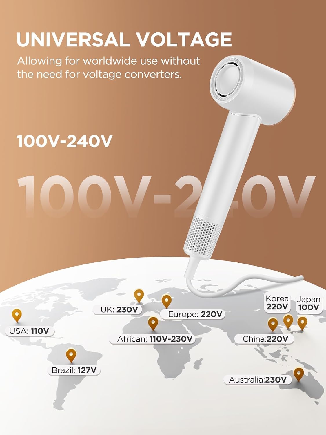 Dual Voltage Travel Hair Dryer with Diffuser. High-Speed Ionic Blow Dryer for Women. Fast Drying. Low Noise. Lightweight. No Heat Damage. European Travel 110V-120V/220V-240V