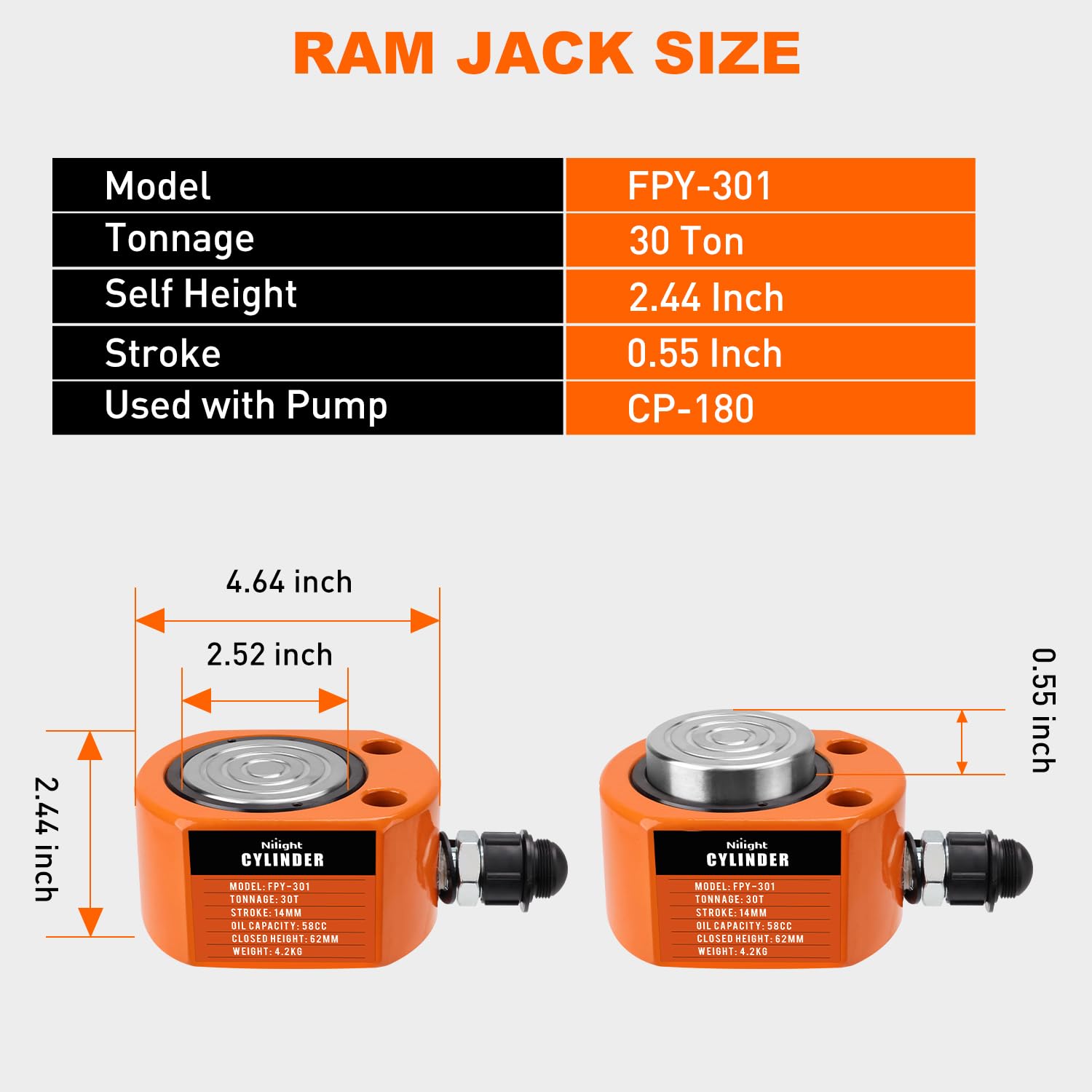 Nilight 30Ton Hydraulic Cylinder Jack Porta Power Ram Single Acting Lifting | Heavy Duty Low Profile 0.55 Inch Stroke Automatically Retract Mini Jack Ram Cylinders for Machinery Shipbuilding. Orange
