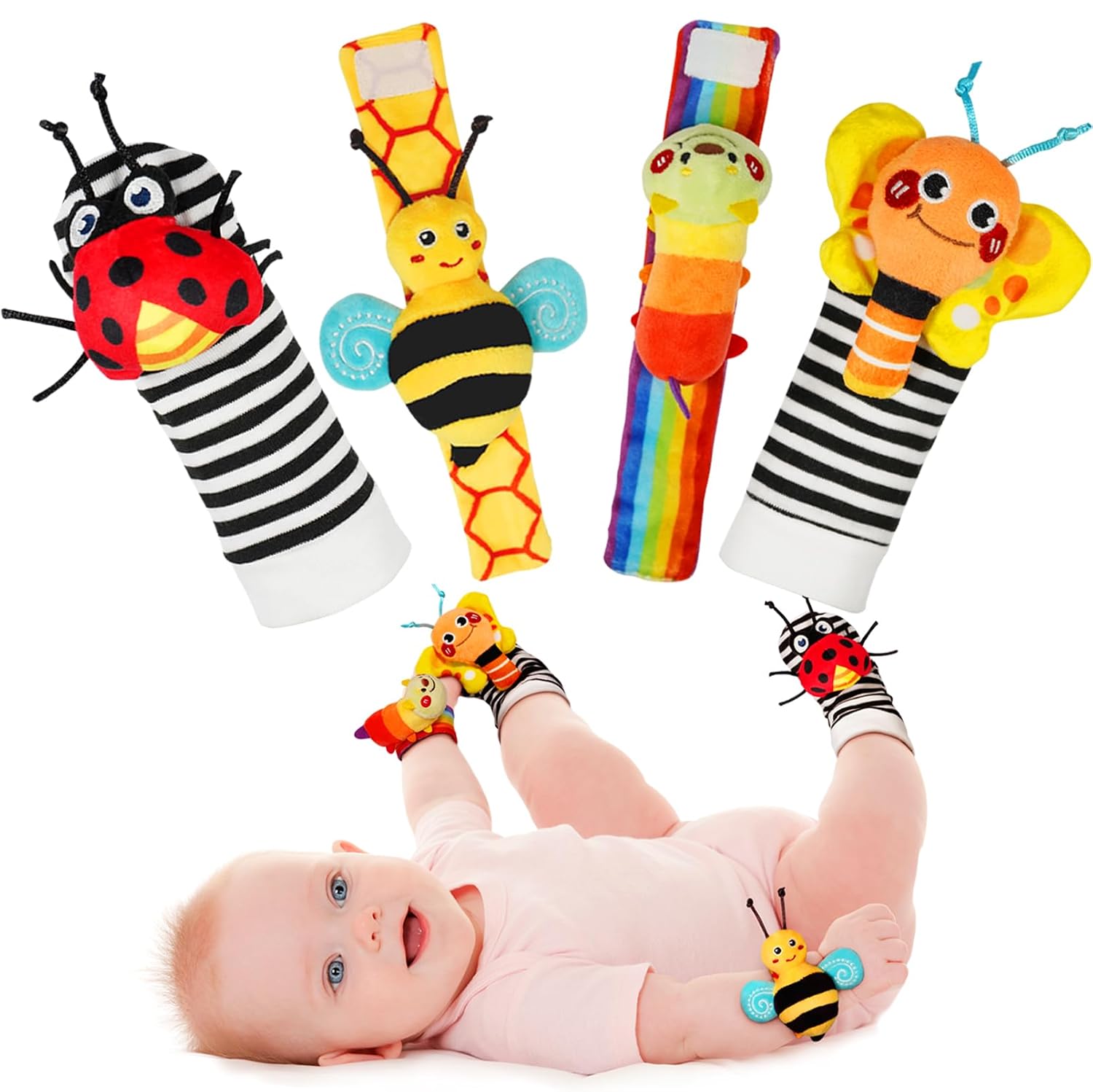 Infinno Wrist Rattles and Foot Finder Socks Set. Baby Toys for 0-12 Months | Soft crinkle textures. encourages reaching and kicking. garden bug characters. newborn shower gift. boys and girls