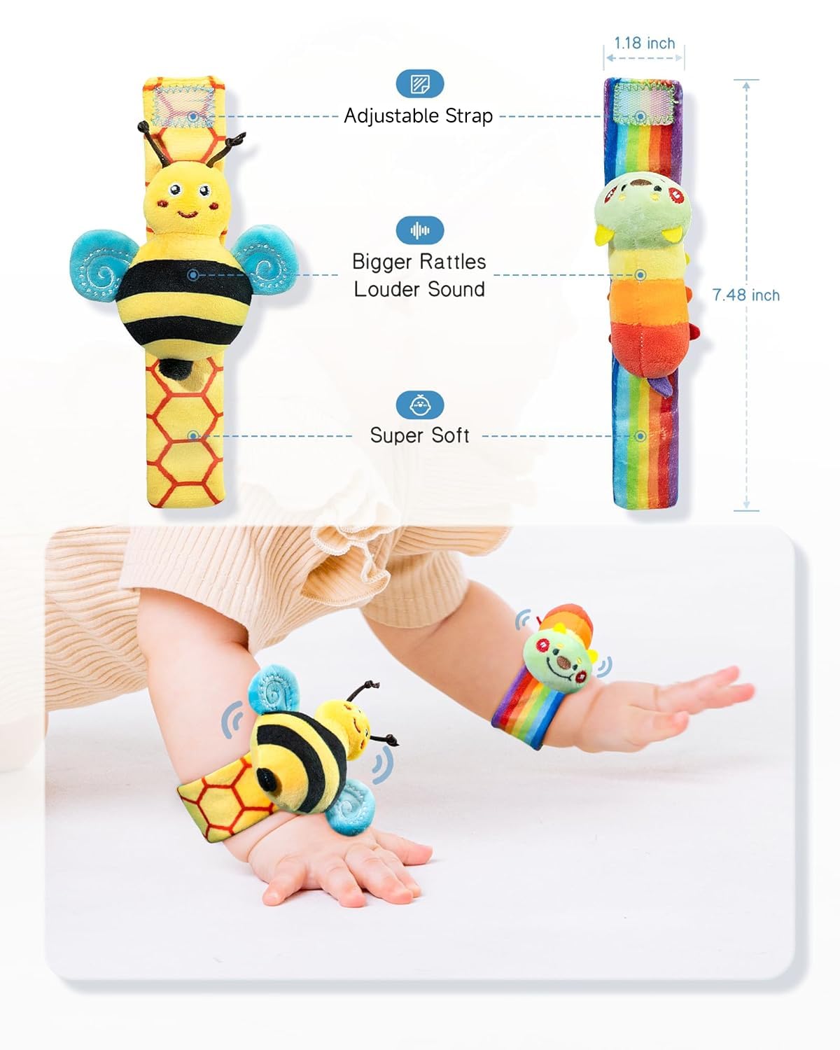 Infinno Wrist Rattles and Foot Finder Socks Set. Baby Toys for 0-12 Months | Soft crinkle textures. encourages reaching and kicking. garden bug characters. newborn shower gift. boys and girls