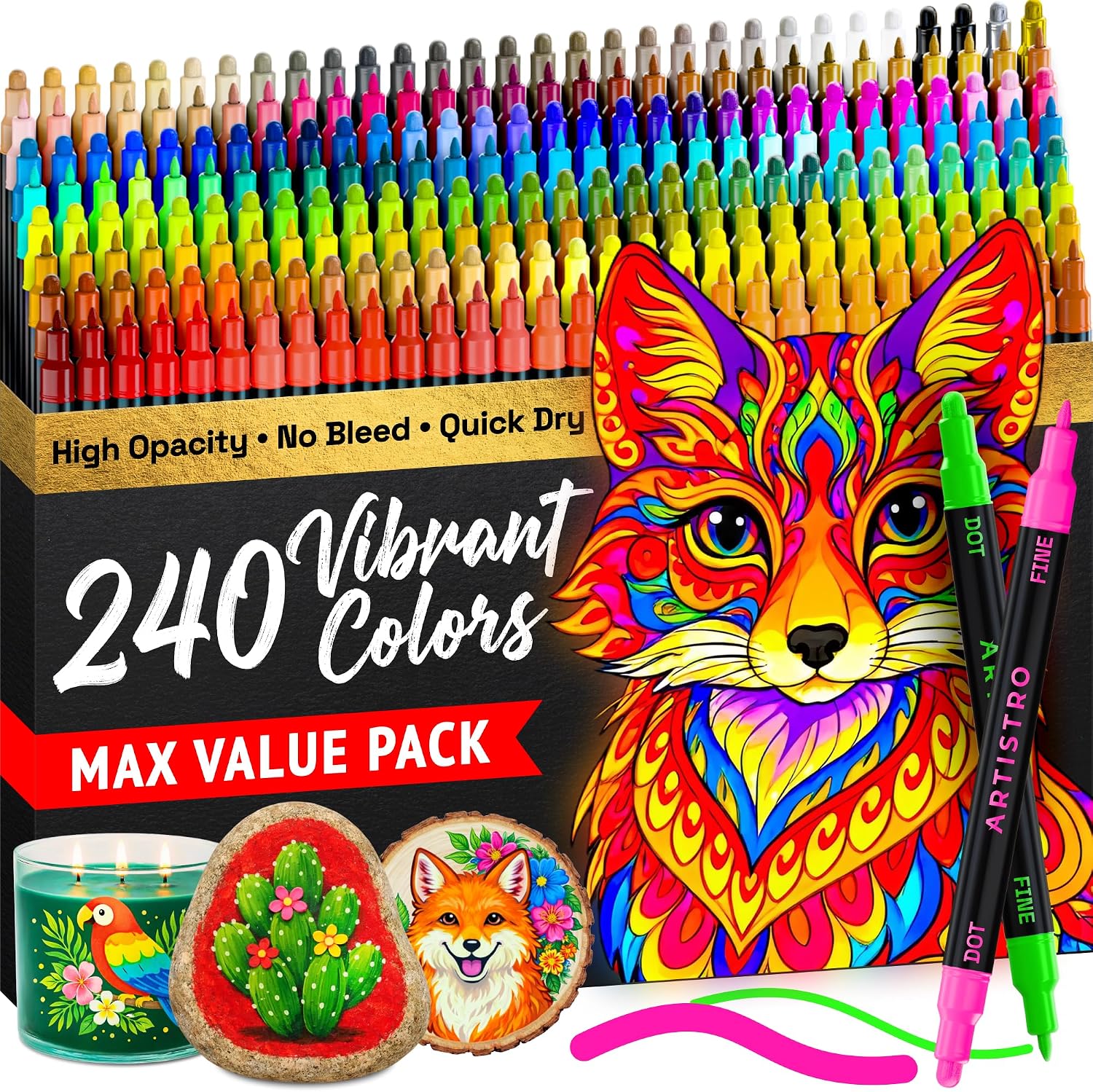 ARTISTRO Precision Dual-Tip Acrylic Paint Marker Pens - Set of 240 | For Fabric. Rock. Glass. Wood. & Coloring Books. Arts & Crafts Gift. Classroom Must Haves & School Supplies (Dot & Fine Tips)