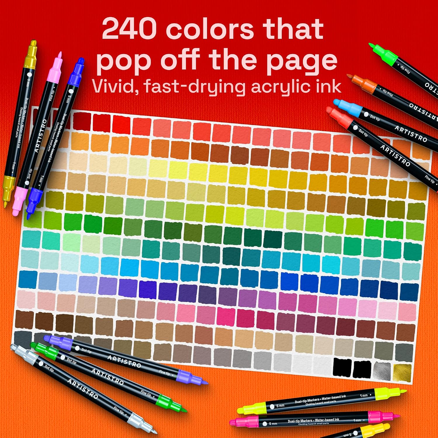 ARTISTRO Precision Dual-Tip Acrylic Paint Marker Pens - Set of 240 | For Fabric. Rock. Glass. Wood. & Coloring Books. Arts & Crafts Gift. Classroom Must Haves & School Supplies (Dot & Fine Tips)