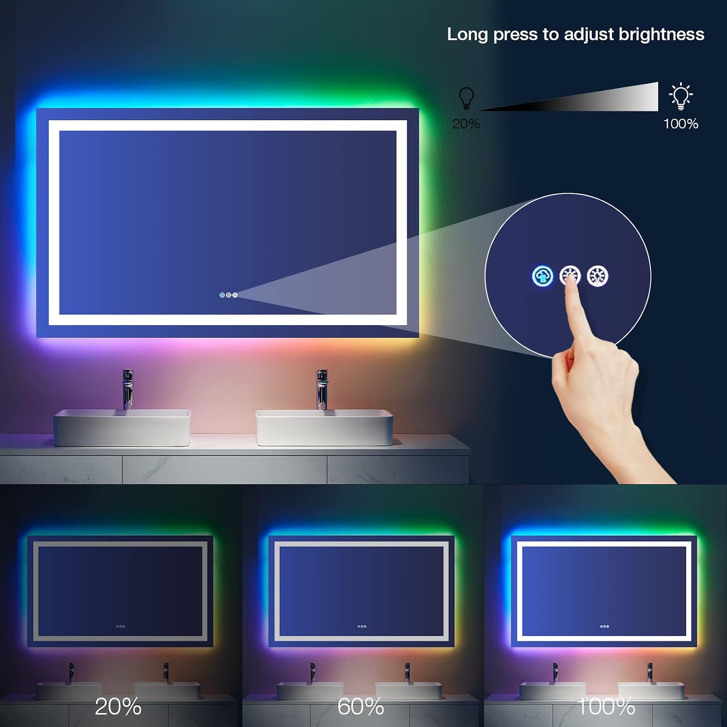 LOAAO 24X30 RGB LED Bathroom Mirror with Lights. UL Listed | Anti-Fog. Dimmable. RGB Backlit + Front Lighted. Memory Function. Tempered Glass. UL Listed