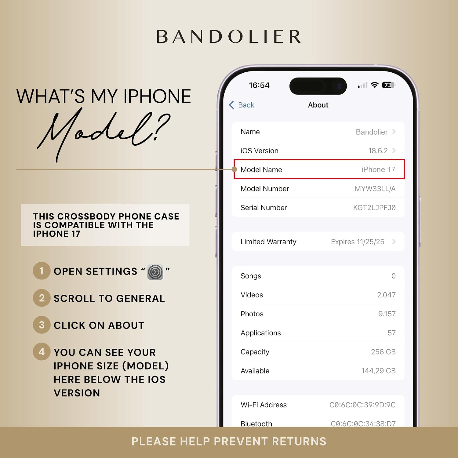 Bandolier Rayna Crossbody Phone Case for iPhone 17. 100% Genuine Pebble Leather with Gold Hardware. Adjustable & Removable Strap. Magnetic Backing. Magsafe Compatible.