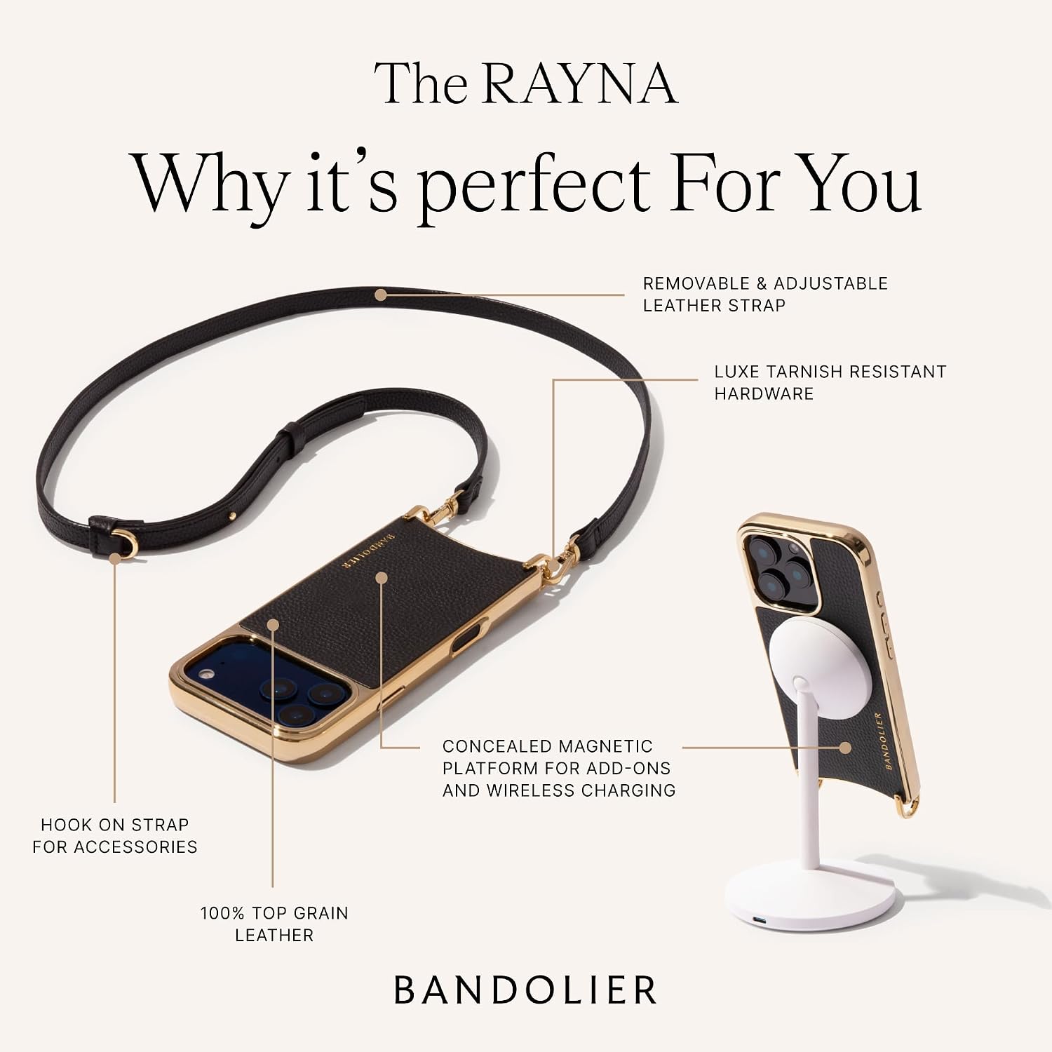 Bandolier Rayna Crossbody Phone Case for iPhone 17. 100% Genuine Pebble Leather with Gold Hardware. Adjustable & Removable Strap. Magnetic Backing. Magsafe Compatible.