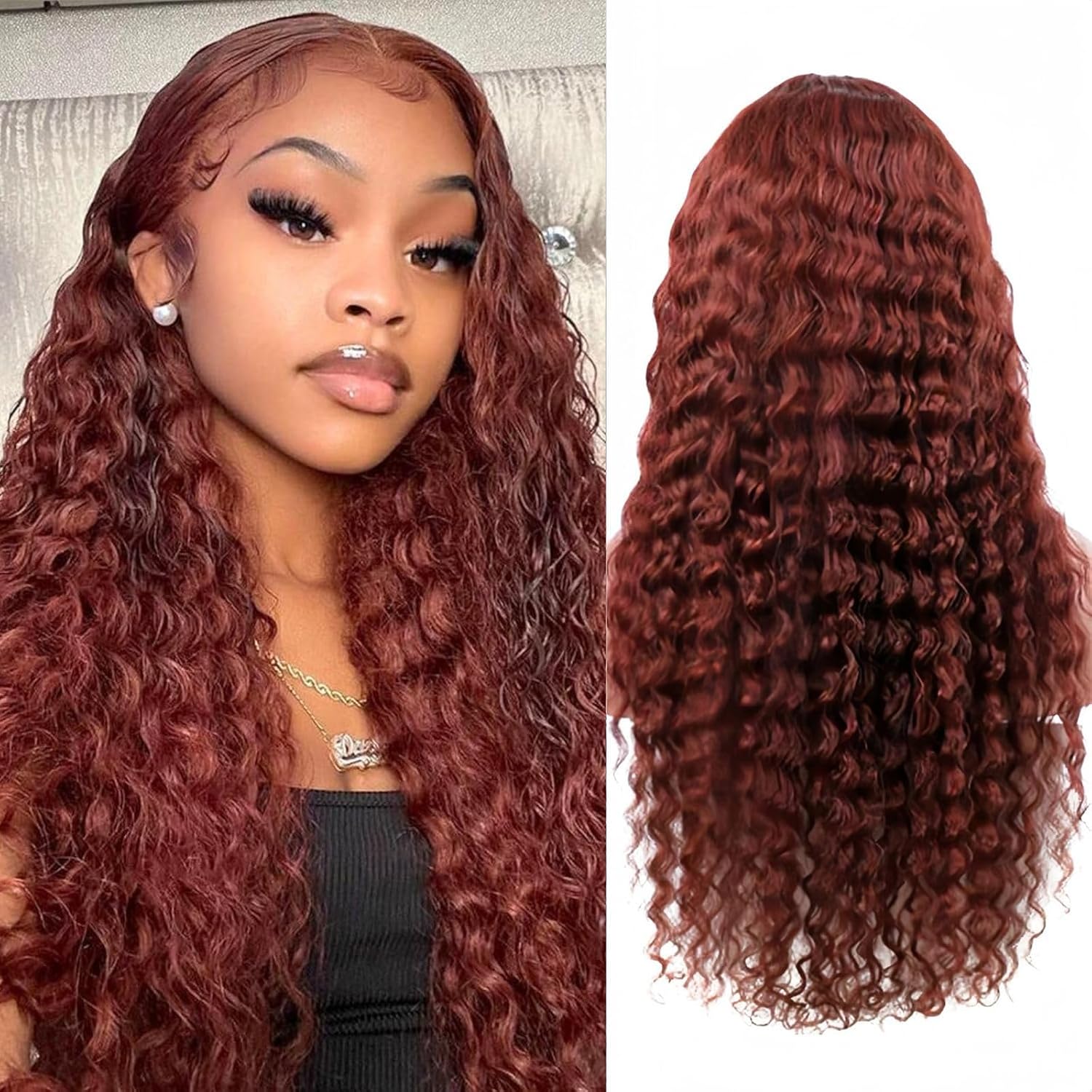 Aimking Reddish Brown Lace Front Wig Human Hair Wigs For Women 180% Density 33# HD Deep Wave Lace Frontal Wigs 13x6 Curly Brownish Red Wig Human Hair For Women 30 Inch