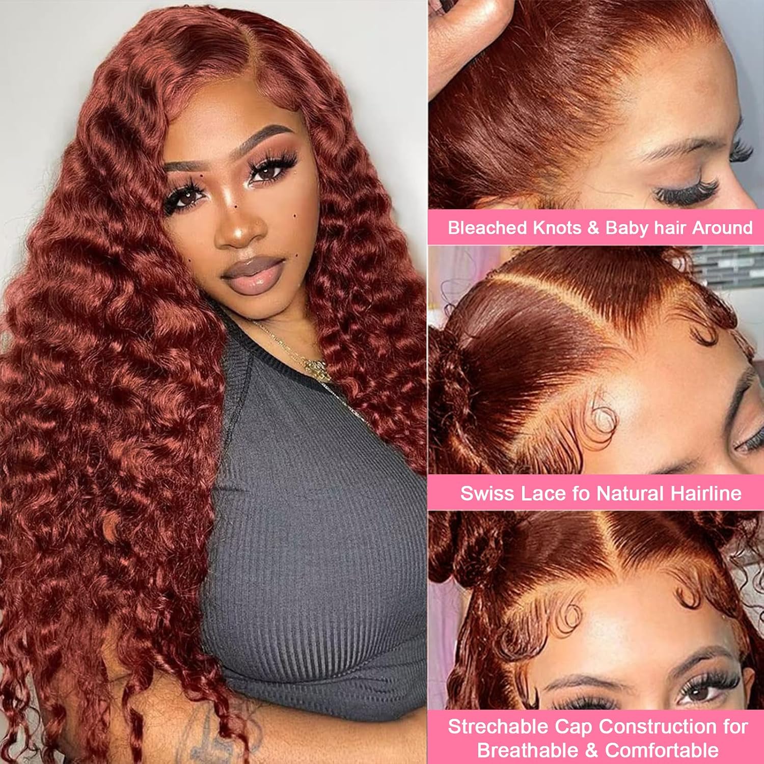 Aimking Reddish Brown Lace Front Wig Human Hair Wigs For Women 180% Density 33# HD Deep Wave Lace Frontal Wigs 13x6 Curly Brownish Red Wig Human Hair For Women 30 Inch