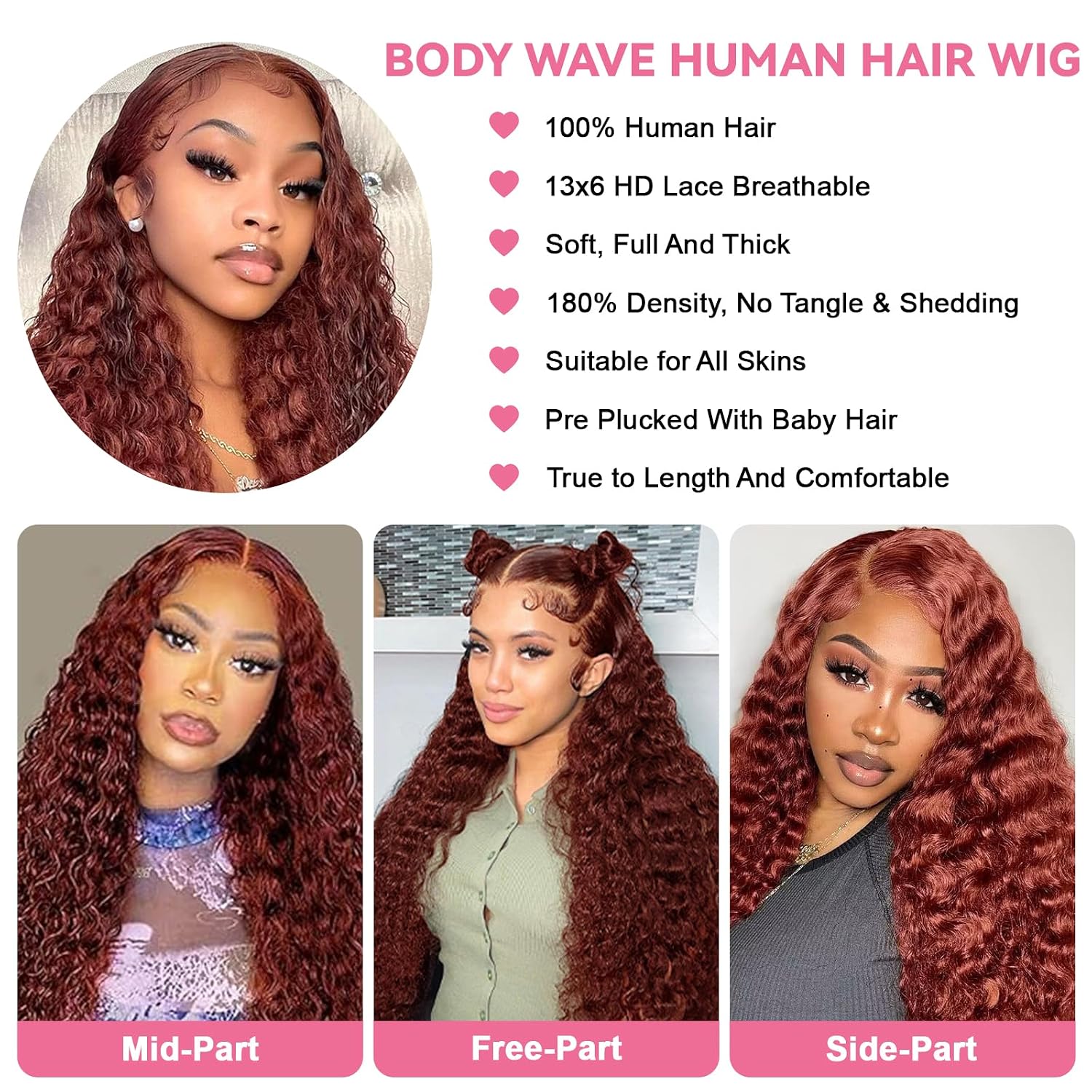 Aimking Reddish Brown Lace Front Wig Human Hair Wigs For Women 180% Density 33# HD Deep Wave Lace Frontal Wigs 13x6 Curly Brownish Red Wig Human Hair For Women 30 Inch