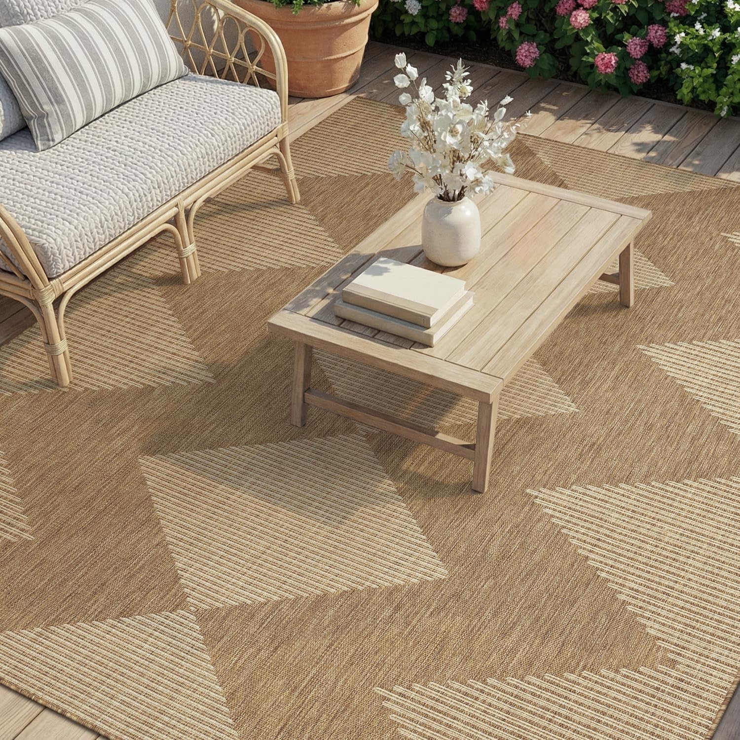 MontVoo-Outdoor Rug Carpet Patio Rug 6x9 ft Polypropylene Indoor Outdoor Rugs for Patio Deck Balcony Porch. Textured Weave. Durable for High Traffic. Fade-Resistant. Boho Geometric Neutral Brown