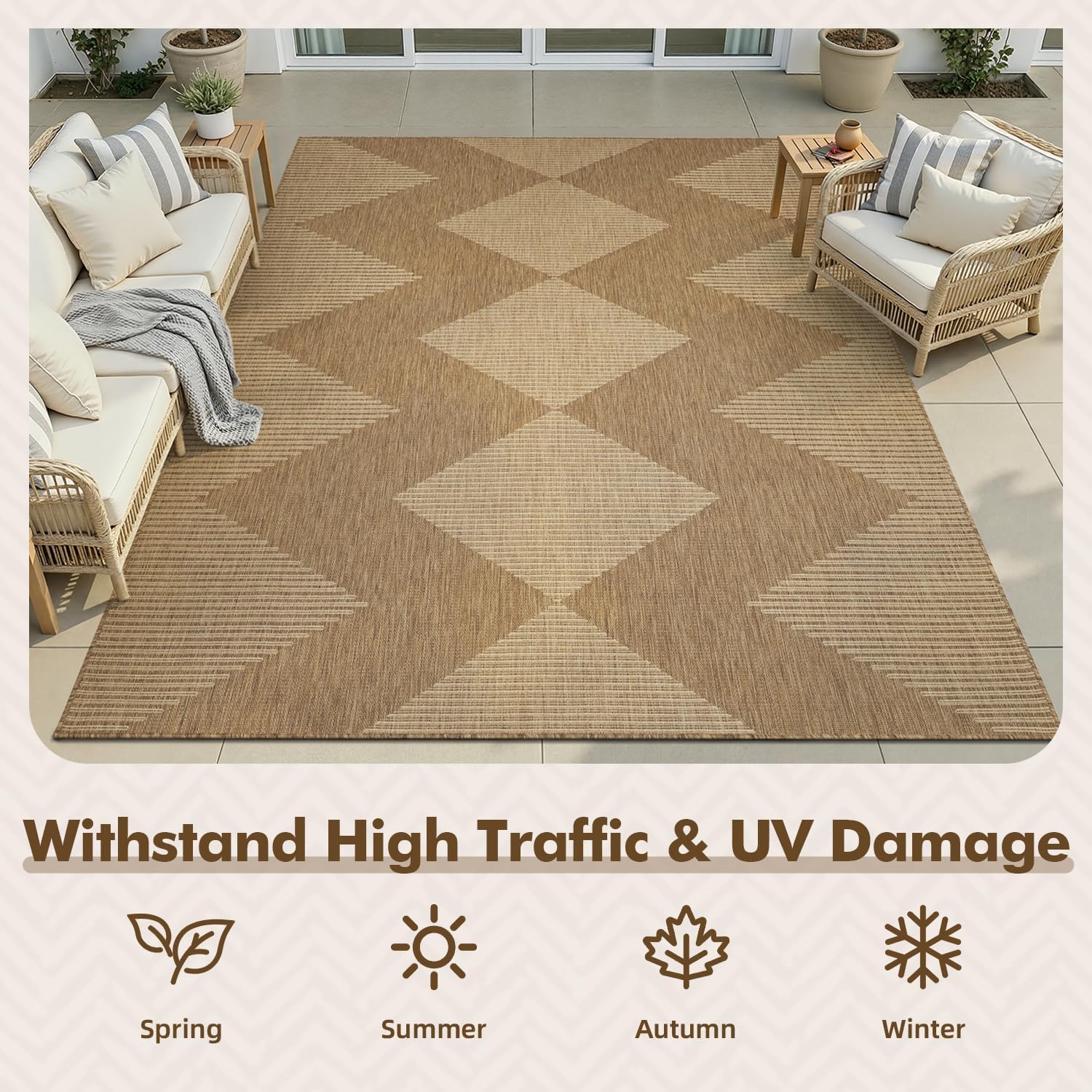 MontVoo-Outdoor Rug Carpet Patio Rug 6x9 ft Polypropylene Indoor Outdoor Rugs for Patio Deck Balcony Porch. Textured Weave. Durable for High Traffic. Fade-Resistant. Boho Geometric Neutral Brown