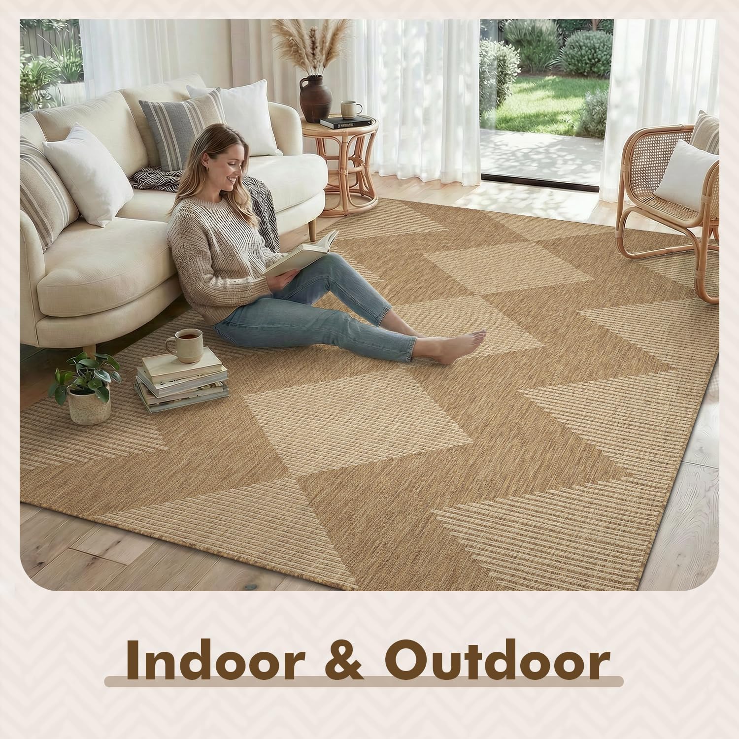 MontVoo-Outdoor Rug Carpet Patio Rug 6x9 ft Polypropylene Indoor Outdoor Rugs for Patio Deck Balcony Porch. Textured Weave. Durable for High Traffic. Fade-Resistant. Boho Geometric Neutral Brown