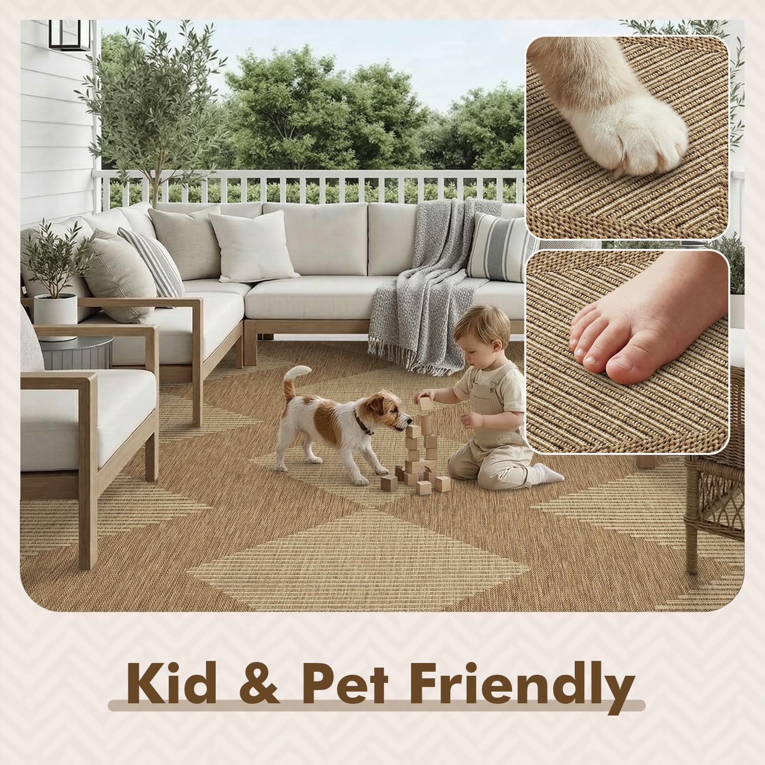MontVoo-Outdoor Rug Carpet Patio Rug 6x9 ft Polypropylene Indoor Outdoor Rugs for Patio Deck Balcony Porch. Textured Weave. Durable for High Traffic. Fade-Resistant. Boho Geometric Neutral Brown