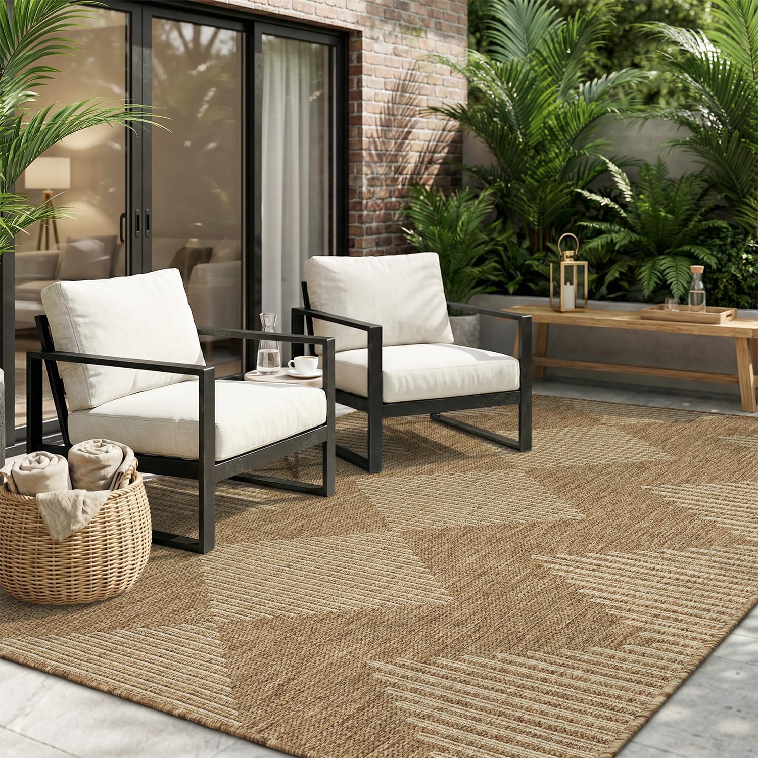 MontVoo-Outdoor Rug Carpet Patio Rug 6x9 ft Polypropylene Indoor Outdoor Rugs for Patio Deck Balcony Porch. Textured Weave. Durable for High Traffic. Fade-Resistant. Boho Geometric Neutral Brown