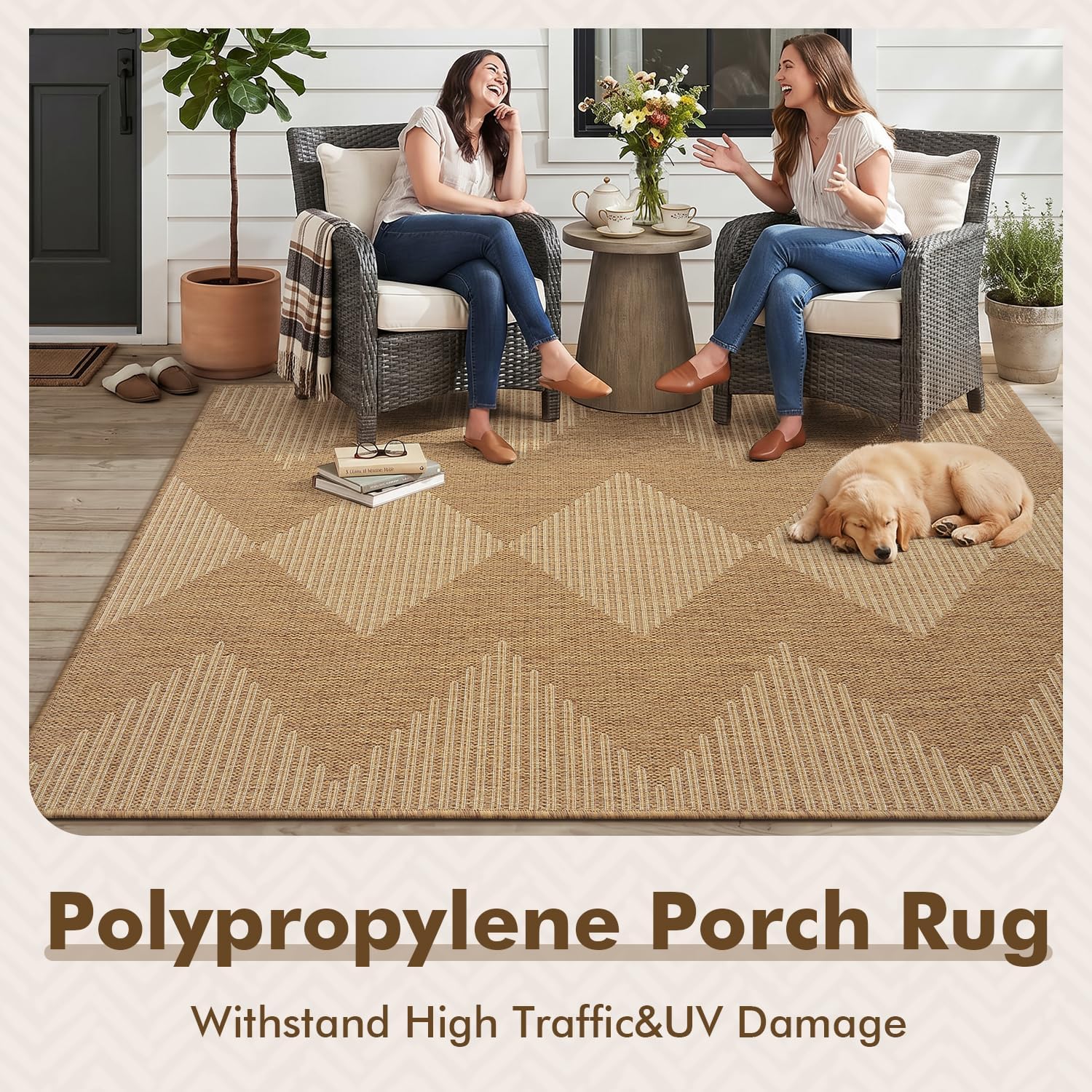 MontVoo-Outdoor Rug Carpet Patio Rug 6x9 ft Polypropylene Indoor Outdoor Rugs for Patio Deck Balcony Porch. Textured Weave. Durable for High Traffic. Fade-Resistant. Boho Geometric Neutral Brown