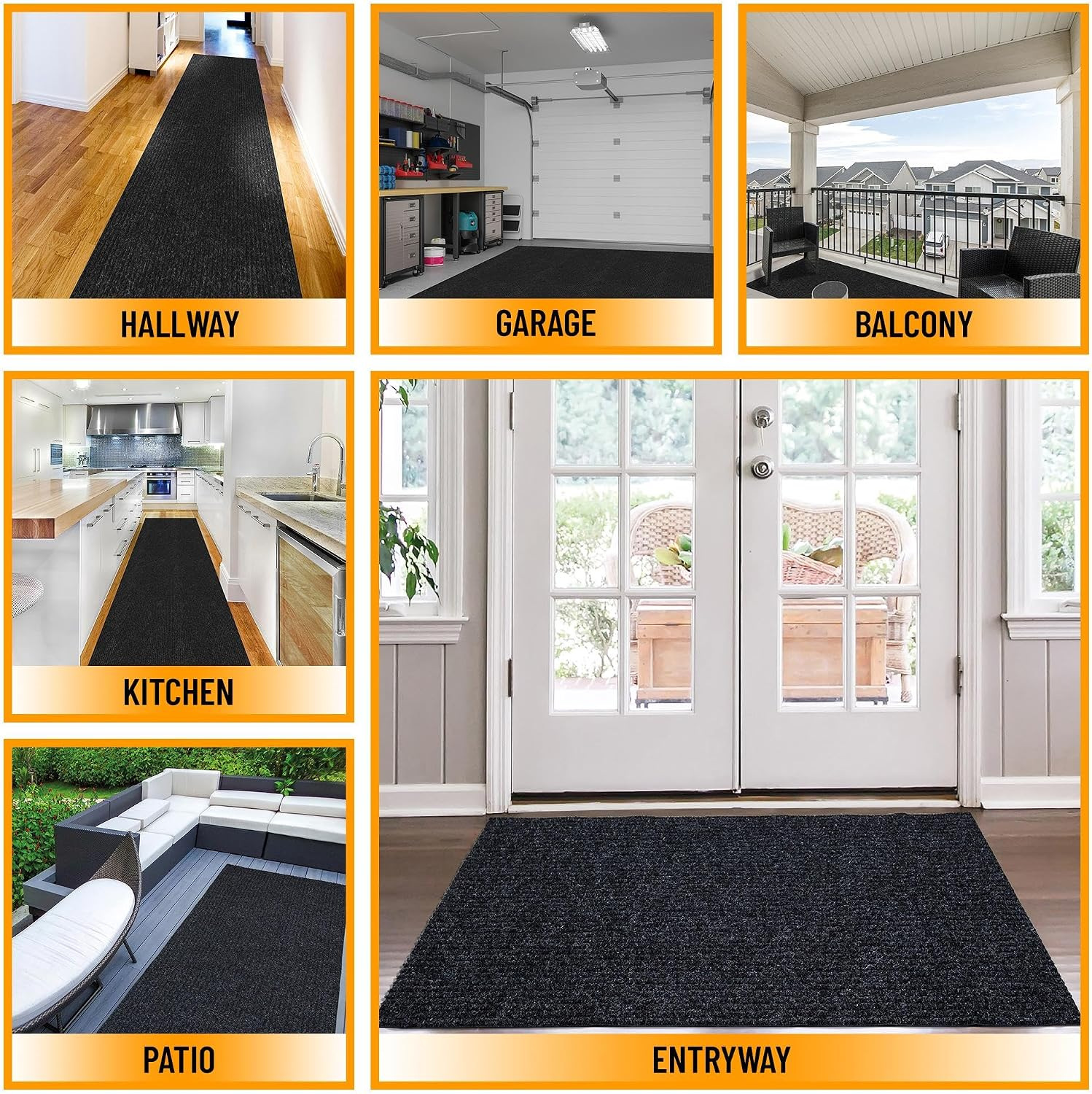 Ottomanson 2'7 x 25' Hallway Runner with Scraper Pile - Extra Durable Non-Slip Rug Mat for Indoor & Outdoor Use - Ideal for Kitchen. Entryway & Garage - High-Traffic Carpet. Black